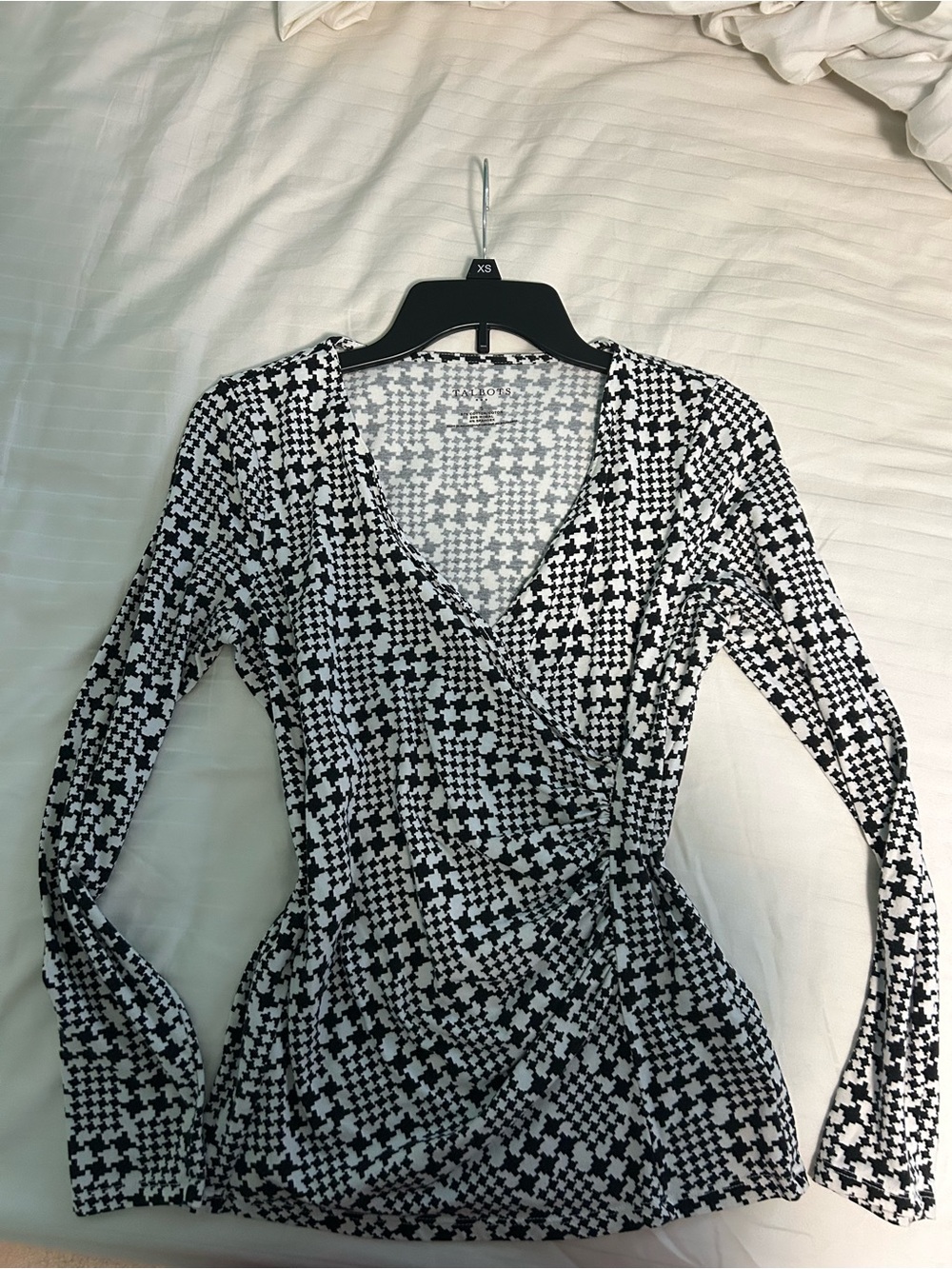 Talbots Black and White Geometric Wrap-Style Long Sleeve Top